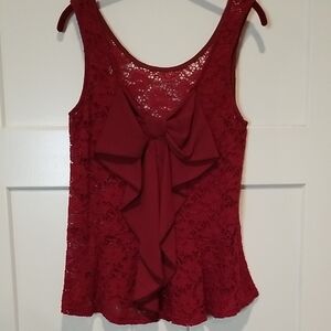 Elegant Red Lace Bow Top With Flattering Hemline size Large NWOT